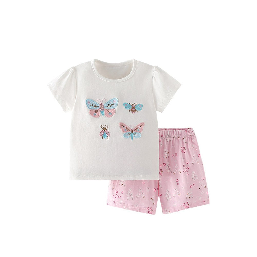 Baby Kids Insects Butterfly and Bee Pattern T-shirt and Pink Floral Shorts 2-Piece Clothing Set for Girls