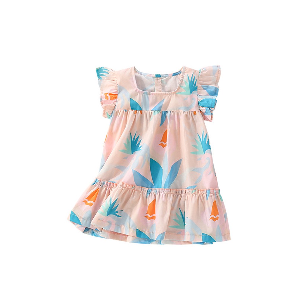 Plant and Leaves Pattern Fly Sleeves Square Neck Dress for Stylish Girls