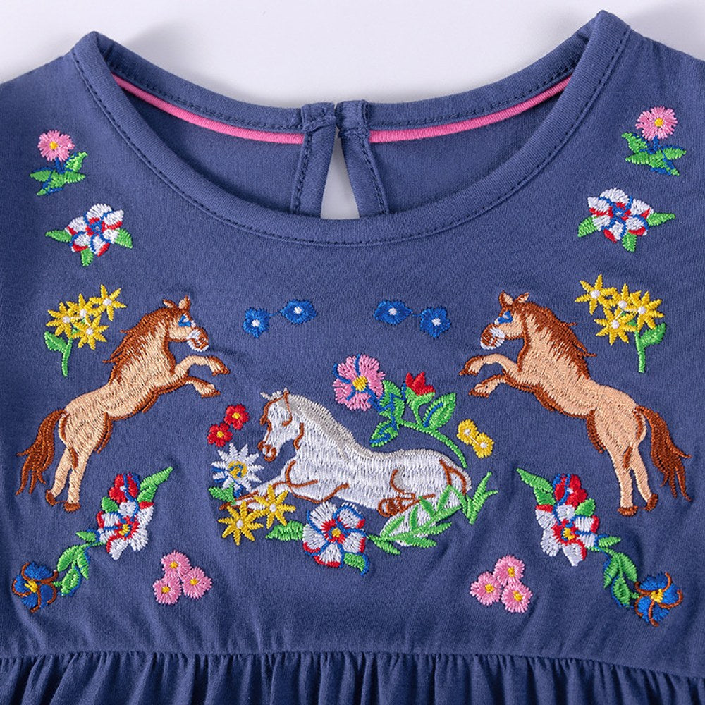 Flowers and Animals Pattern Embroidered Short Sleeves Dress for Stylish Girls