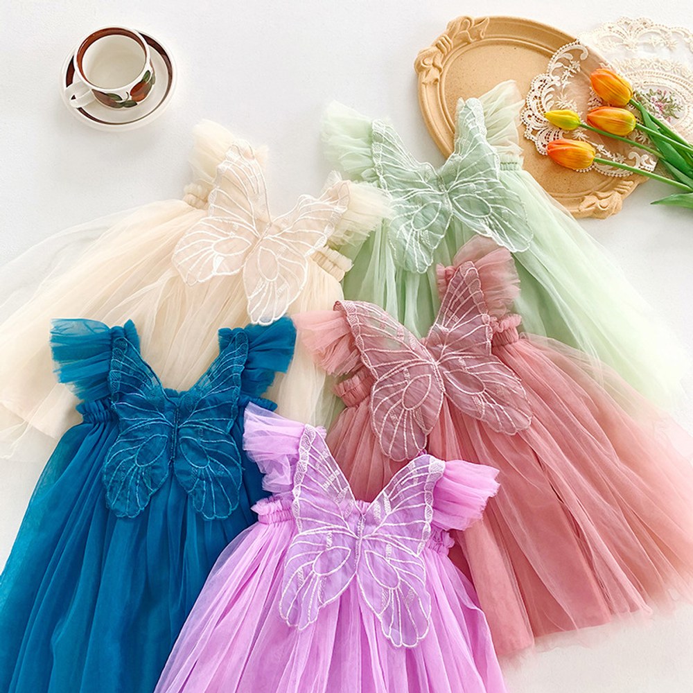 Baby Kids Girls Fly Sleeves Butterfly Pattern Tulle Strap Dress
