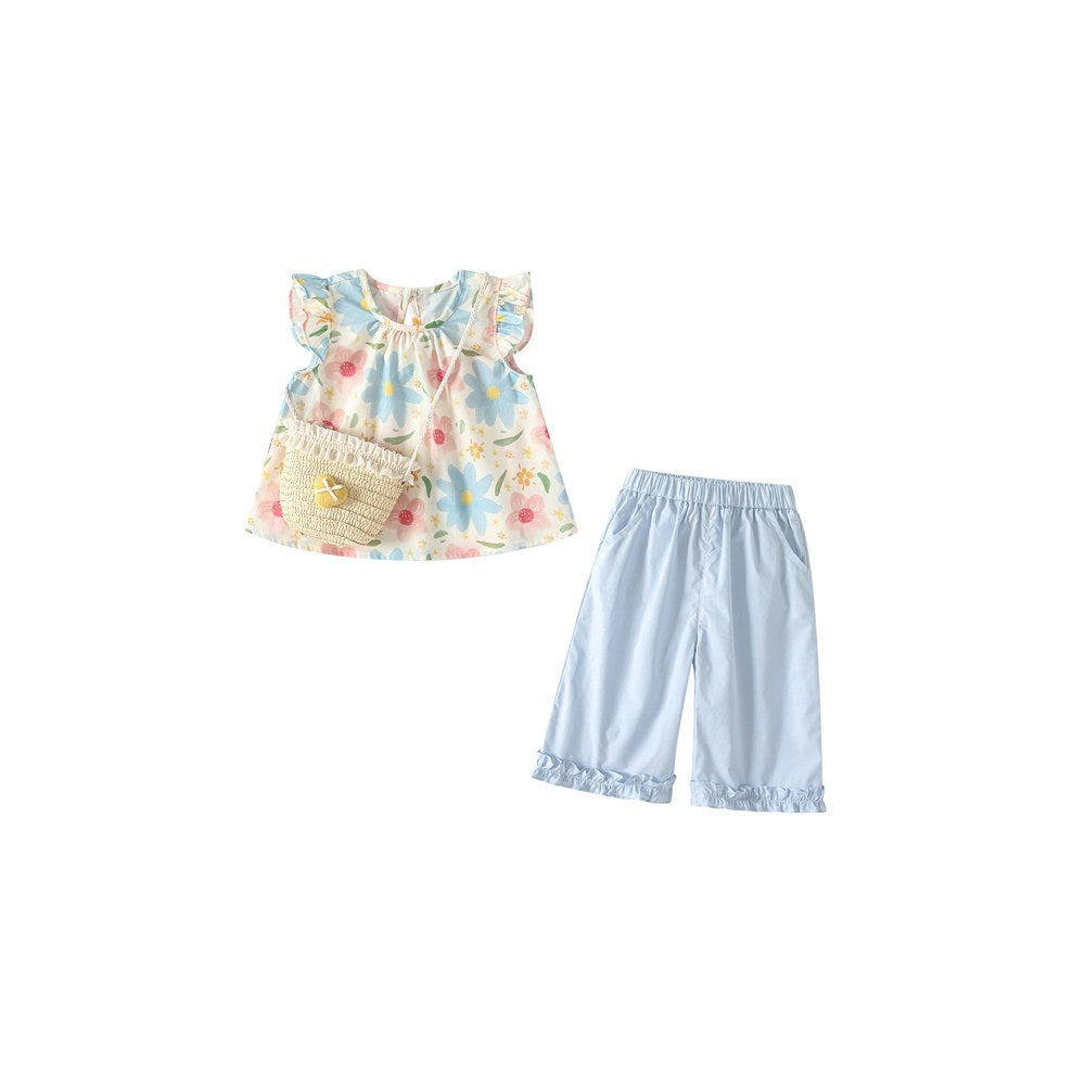 Baby Kids Girls Fly Sleeves Floral Pattern Top and Blue Pants 2-Piece Clothing Set