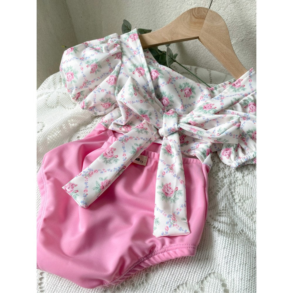 Girls' Flowers Pattern Color Patchwork One Piece Swimwear
