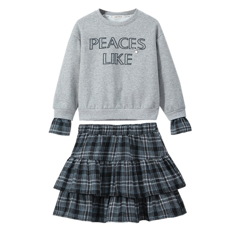 Kids Girls Long Sleeves Letters Pattern Sweatshirt and Plaid Skirt 2-Piece Clothing Set