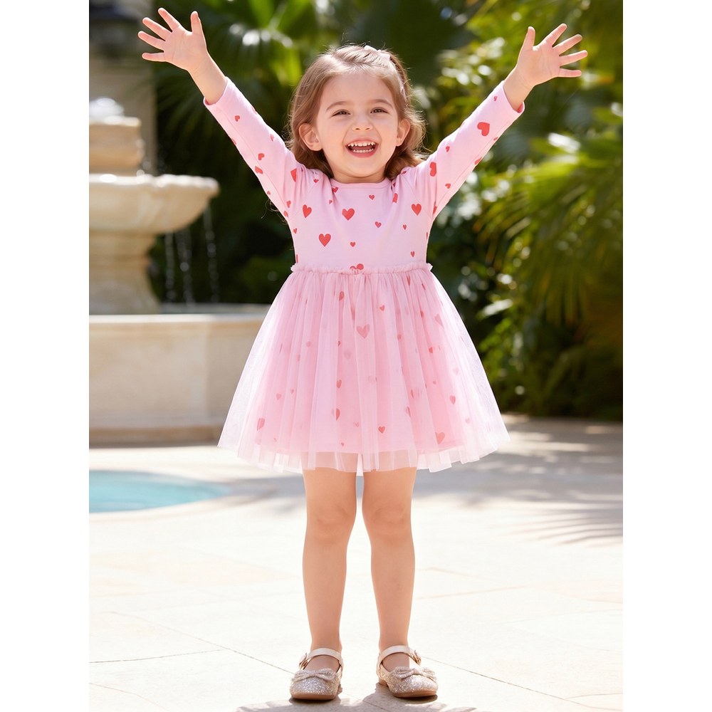 Baby Kids Girls Princess Hearts Pattern Long Sleeves Pink Dress