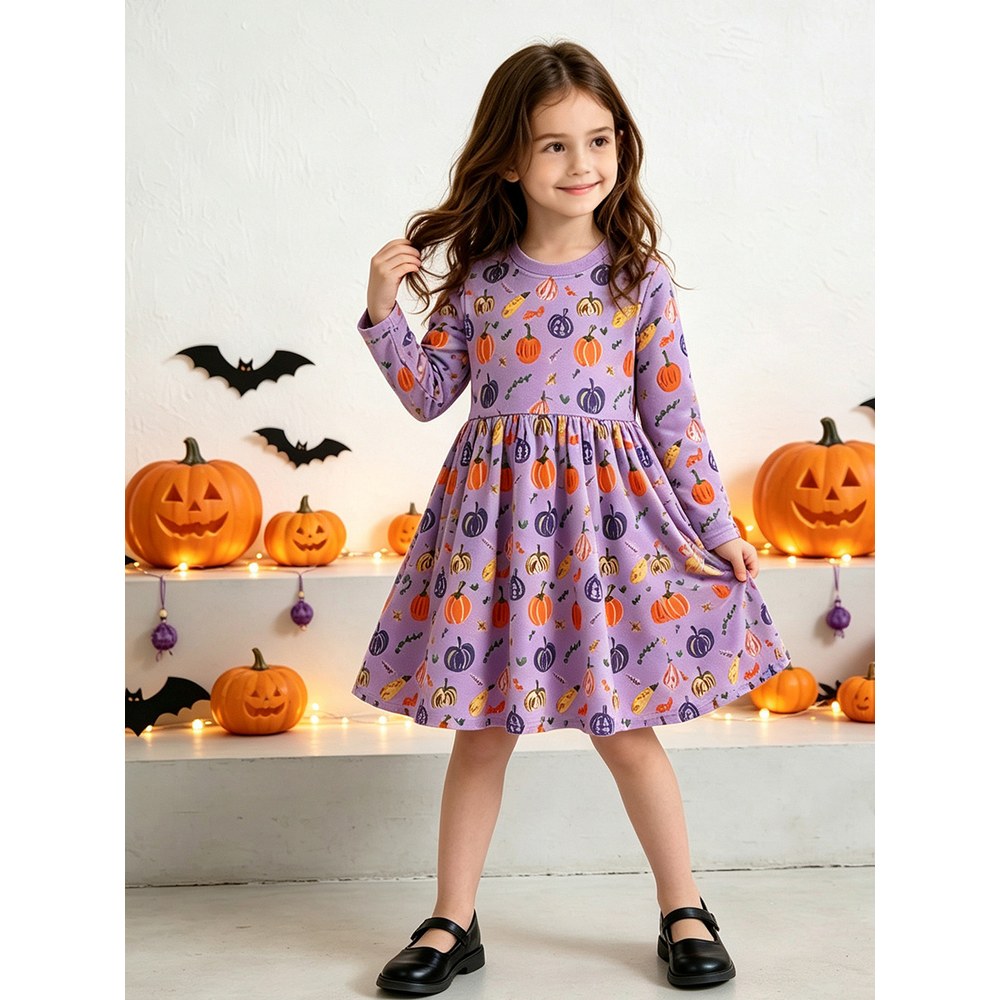 Baby Kids Girls Halloween Cartoon Pattern Long Sleeves Dress