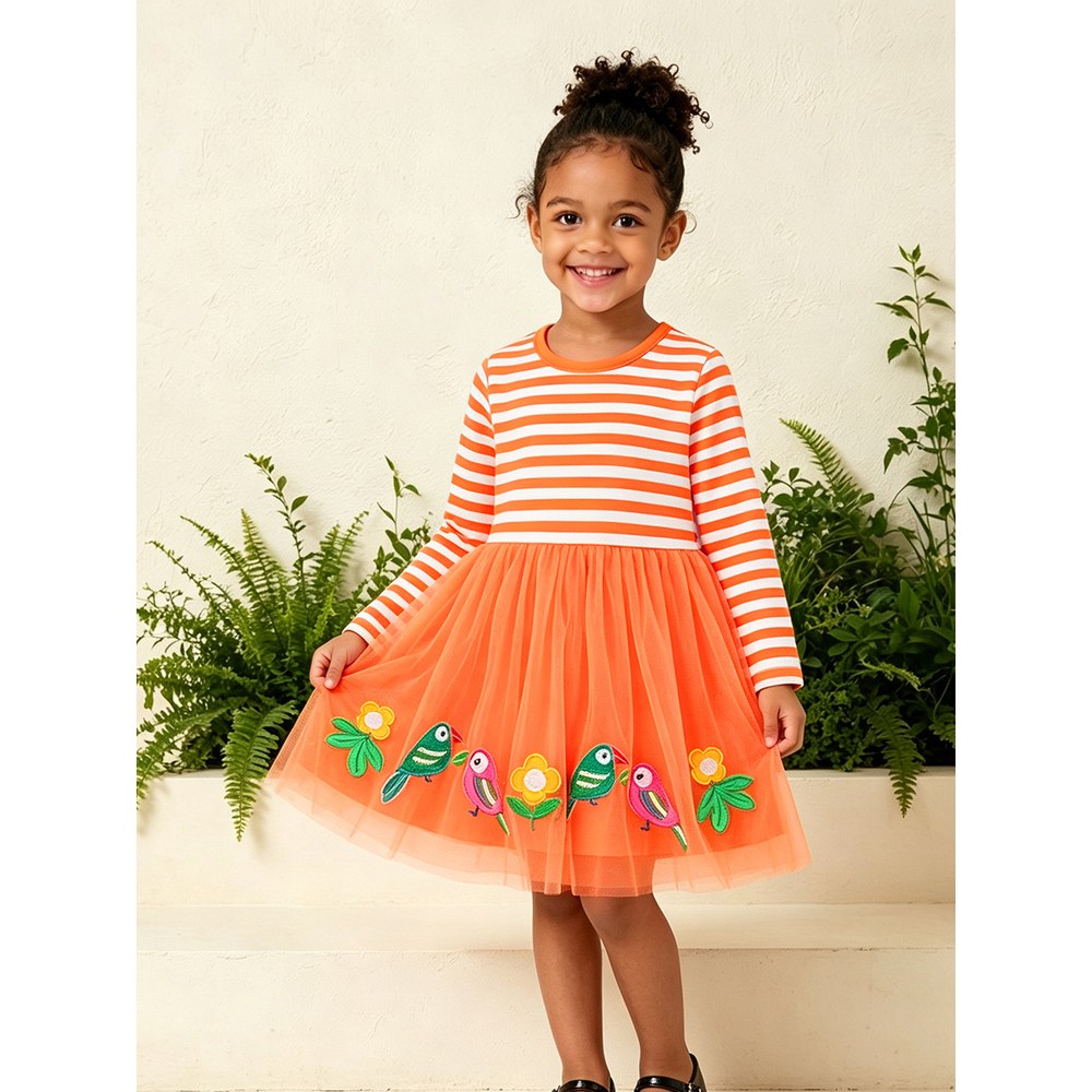 Baby Kids Girls Long Sleeves Cartoon and Flowers Pattern Dress