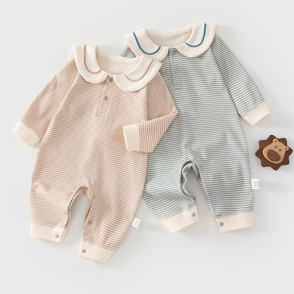 Baby Kids Unisex Long Sleeves Navy Collar Striped Rompers