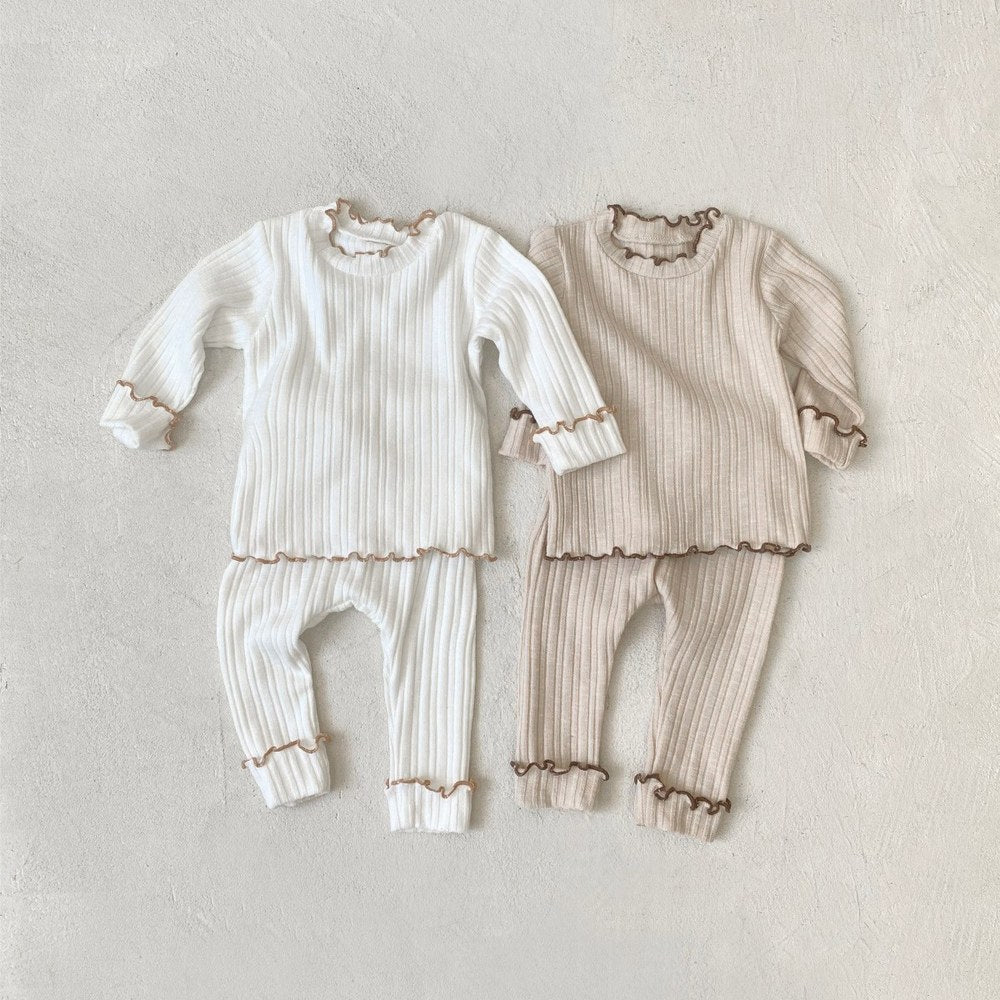 Baby Kids Long Sleeves Ruffle Trim Solid Color Top and Puff Pants 2-piece Pajamas Set