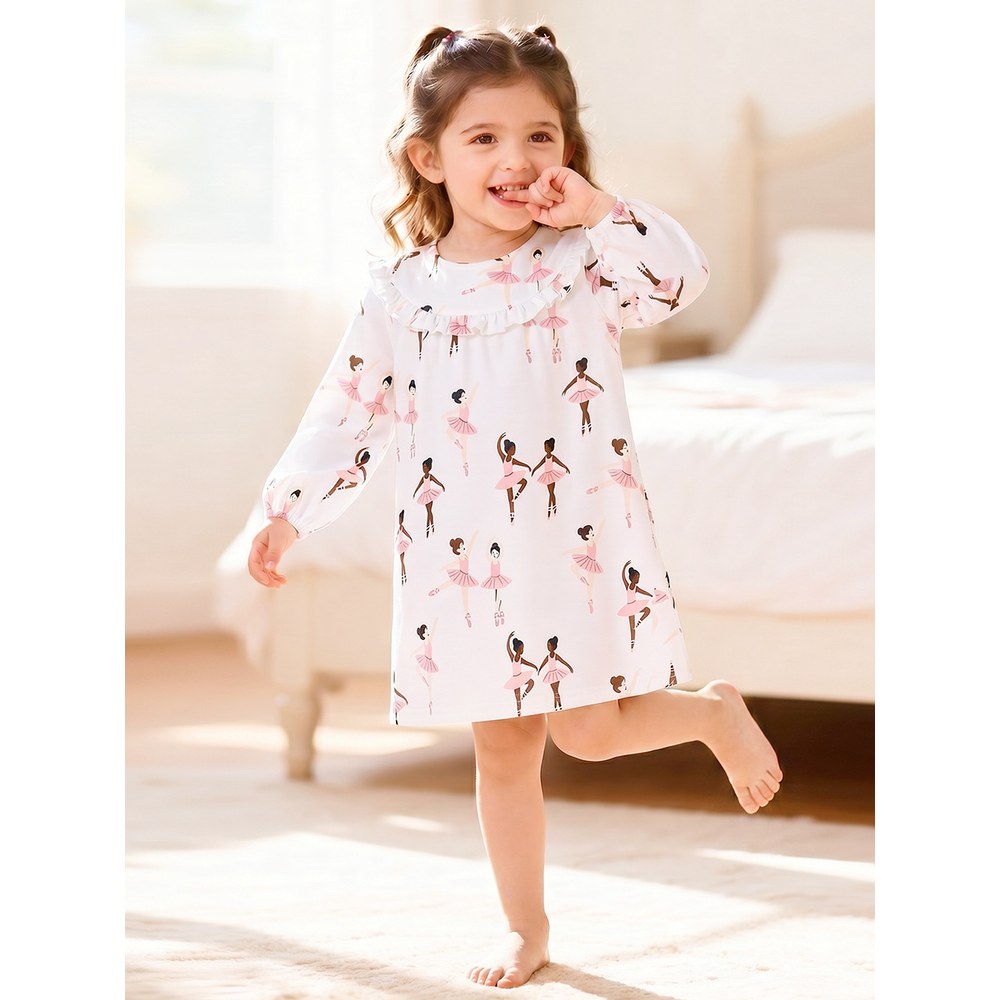 Baby Kids Girls Princess Cartoon Pattern Long Sleeves Crew Neck Dress