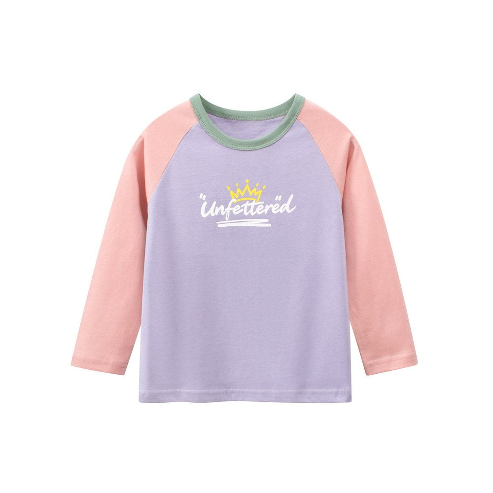 Kids Girls Letters Print Crew Neck Color Patchwork Long Sleeves Top