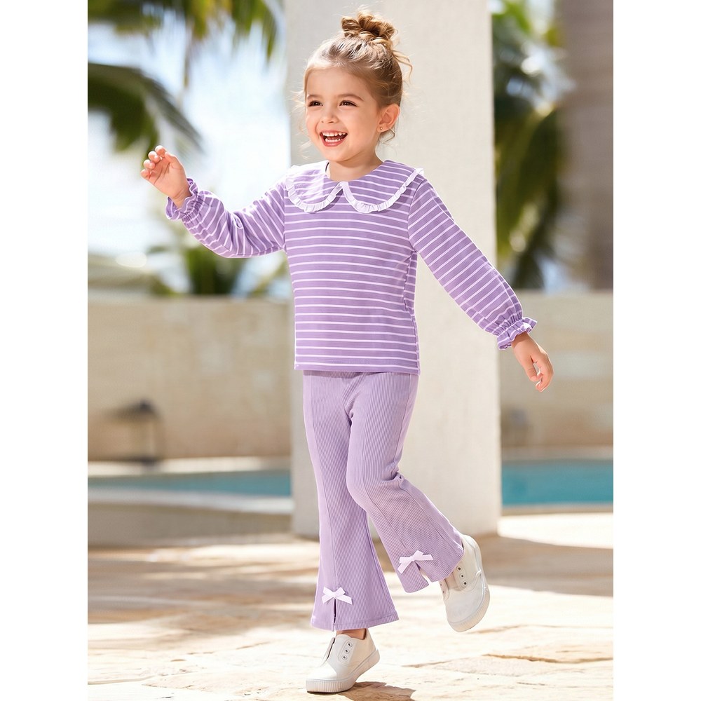 Baby Kids Girls Striped Long Sleeves Sweatshirt and Flared Pants 2-piece Clothing Set