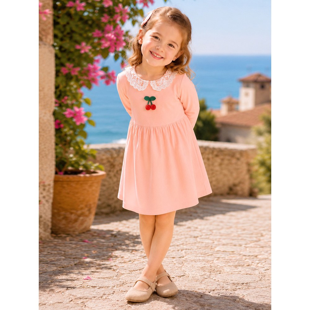 Baby Kids Girls Princess Cherry Pattern Lace Trim Collar Dress