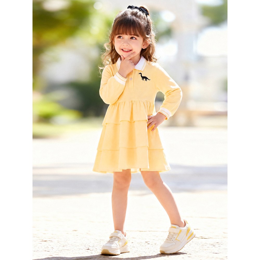 Baby Kids Girls Embroidery Turn-down Collar Dress