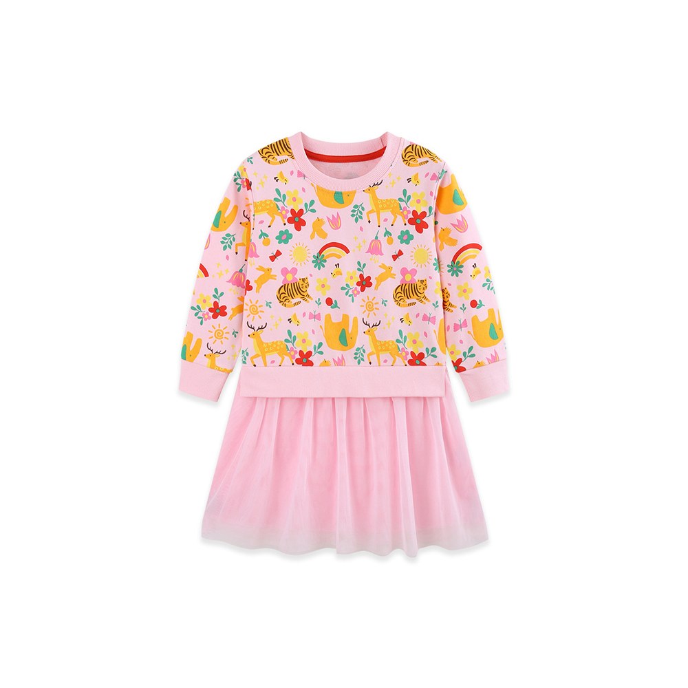 Baby Kids Girls Long Sleeves Cartoon Pattern Tulle Patchwork Dress