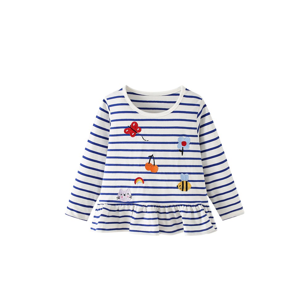 Baby Kids Girls Striped and Cartoon Pattern Long Sleeves Top