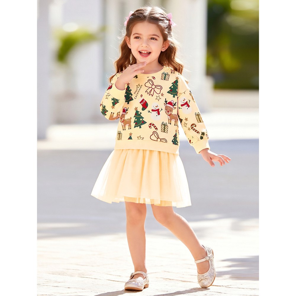 Baby Kids Girls Princess Christmas Cartoon Pattern Long Sleeves Dress
