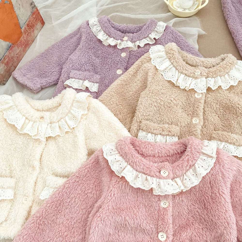 Baby Kids Girls Long Sleeves Solid Color Top and Pants 2-Piece Fluffy Warm Pajamas Clothing Sets