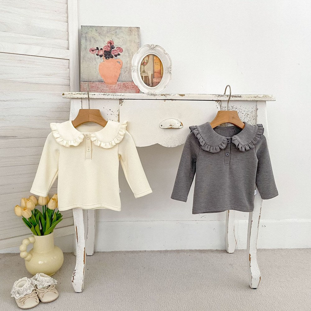 Baby Kids Girls Solid Color Turn-down Collar Long Sleeves Top