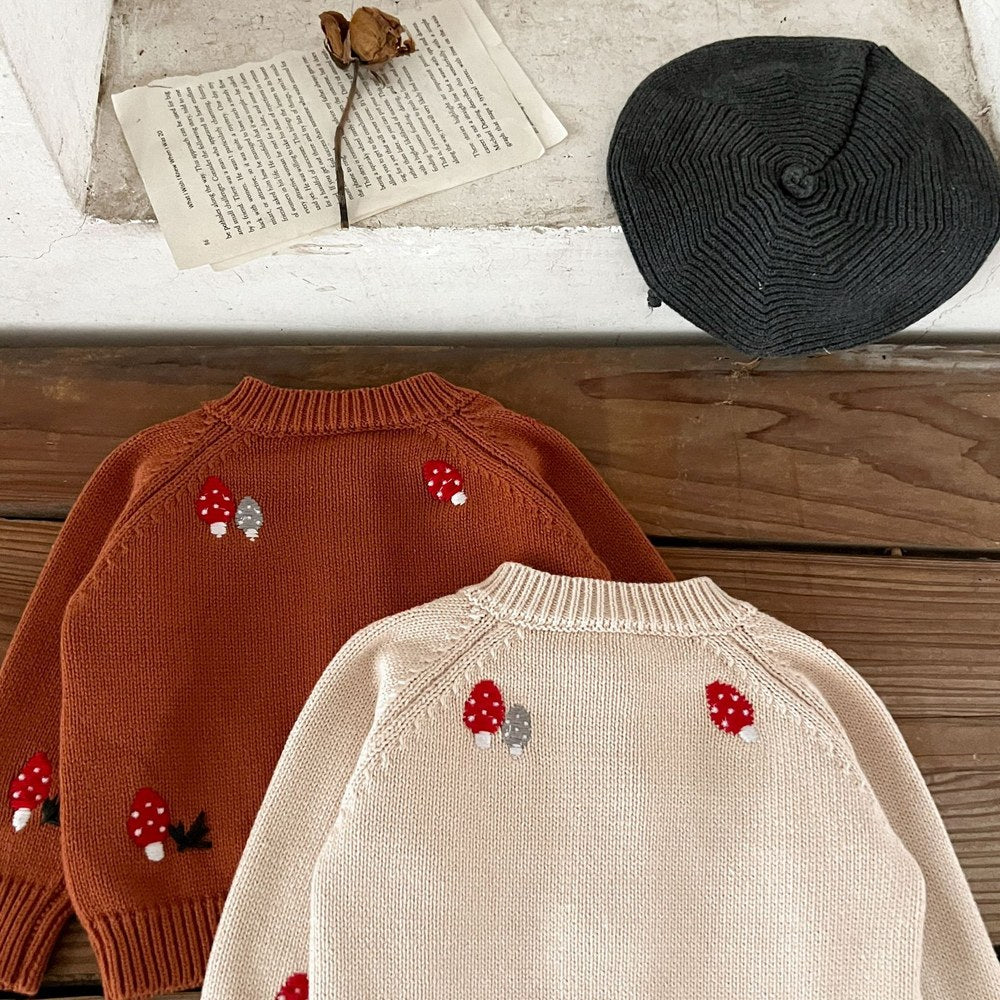 Baby Kids Comfortable Knitted Long Sleeves Cardigan with Mushroom Embroidery Pattern