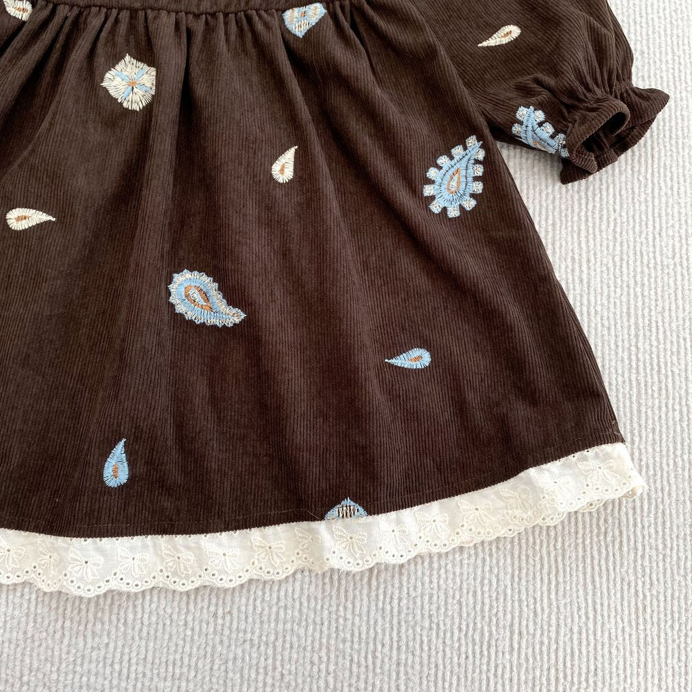 Baby Kids Girls Princess Long Sleeves Paisley Embroidered Pattern Dress
