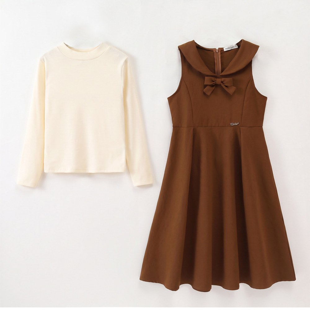 Kids Girls Sleeveless Brown Dress and Apricot Top 2-Piece Clothing Set