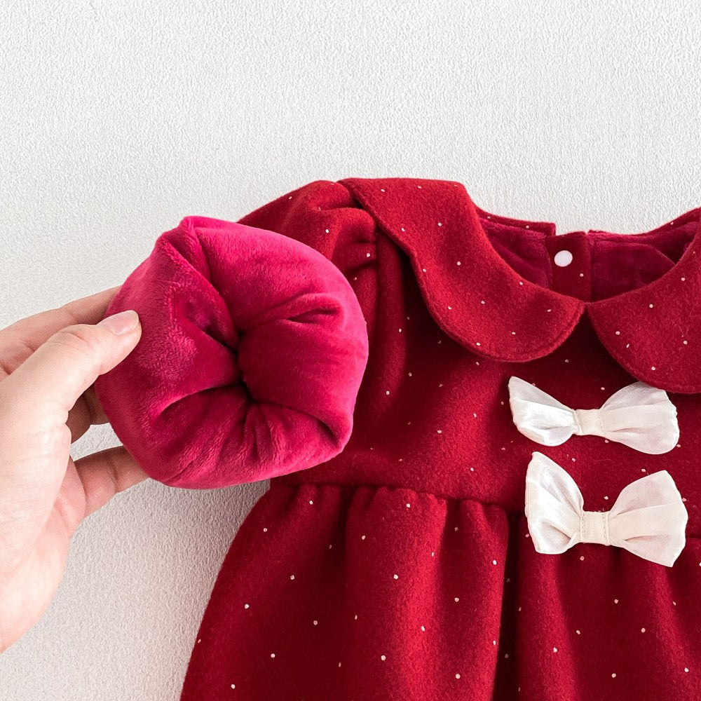 Baby Girls Long Sleeves Dots Pattern Peter Pan Collar Thick Bodysuit