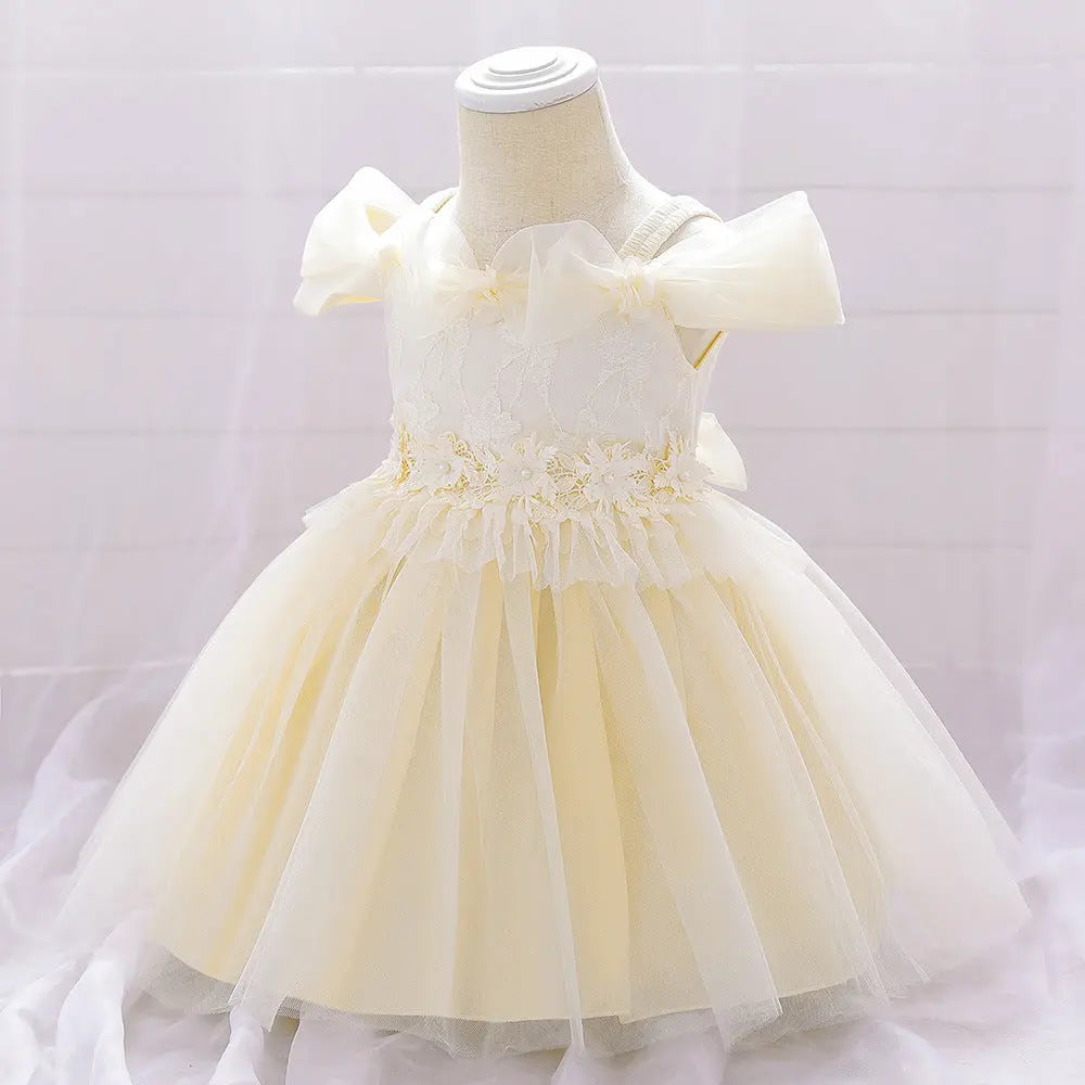 Newborn Baby Girl Birthday Baptism Dress One Shoulder Puff Sleeves Princess Dress, MyKids-USA®, Baby & Toddler Dresses, MyKids-USA - Size/Age - 73 (6-9M) - Color - Apricot - - - JM2206172232-A.