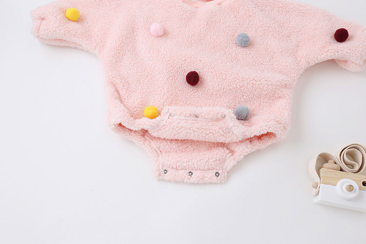Baby Girl Solid Color Furball Patched Design Coral Fleece Pullover Onesies, MyKids-USA®, Baby One-Pieces, MyKids-USA - - - - - - -