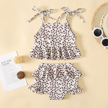 Baby Girl Floral Print Pattern Belt Design Sling Tops Combo Shorts Swimsuit Sets In Summer My Kids-USA