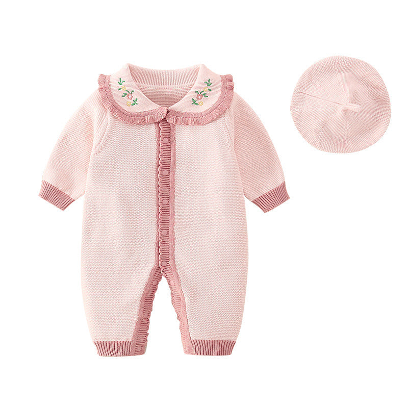 Baby Girl Floral Embroidered Pattern Knitted Romper With Hat, MyKids-USA®, Baby One-Pieces, MyKids-USA - - - - - - -