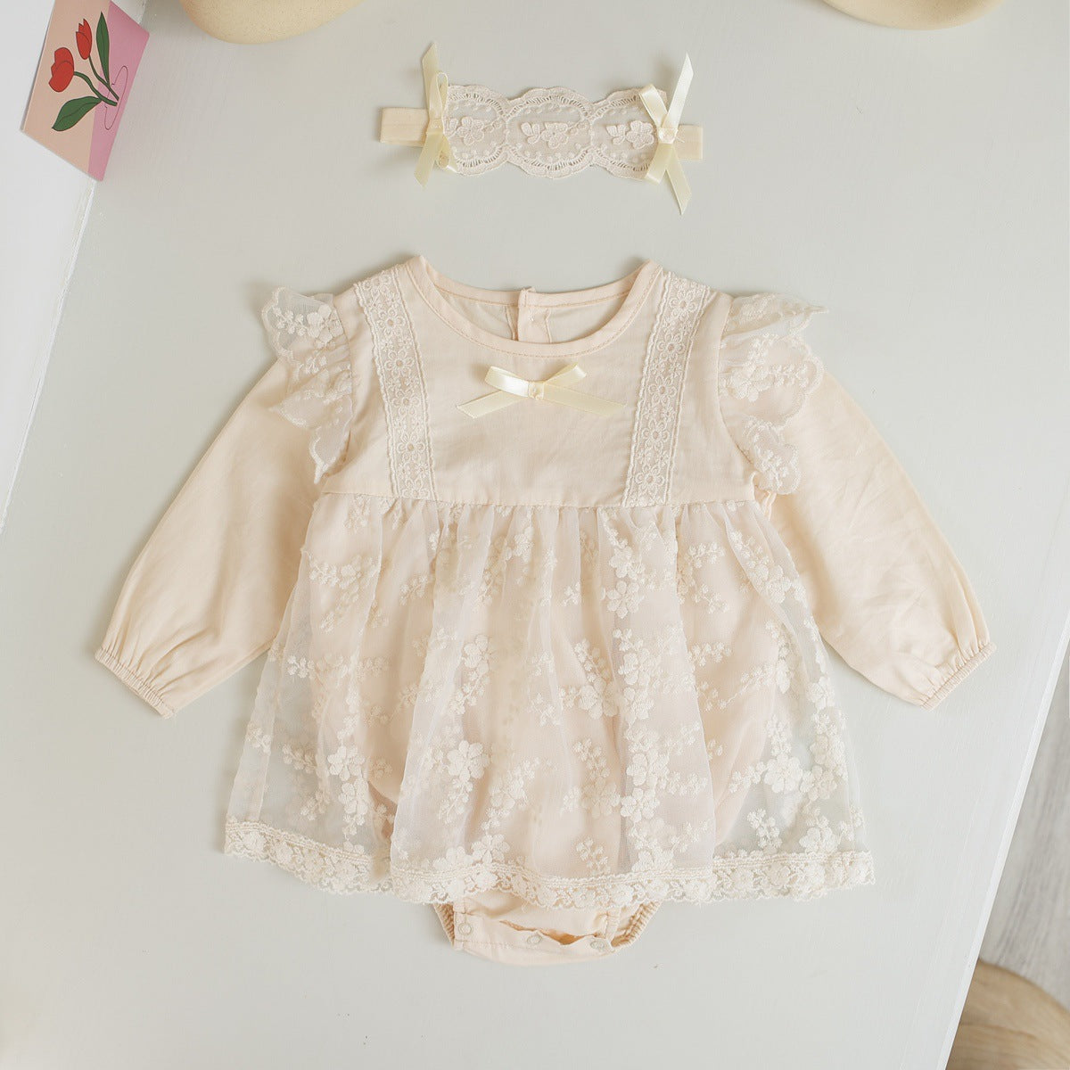 Baby Girl Solid Color Floral Embroidered Mesh Overlay Design bodysuit Dress 80 (9-12M) / Apricot Baby Girl Solid Color Floral Embroidered Mesh Overlay Design bodysuit Dress 80 (9-12M) / Apricot