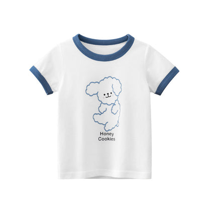 Baby Cartoon Dog Print Color Matching Neck Design T-Shirt Outfits