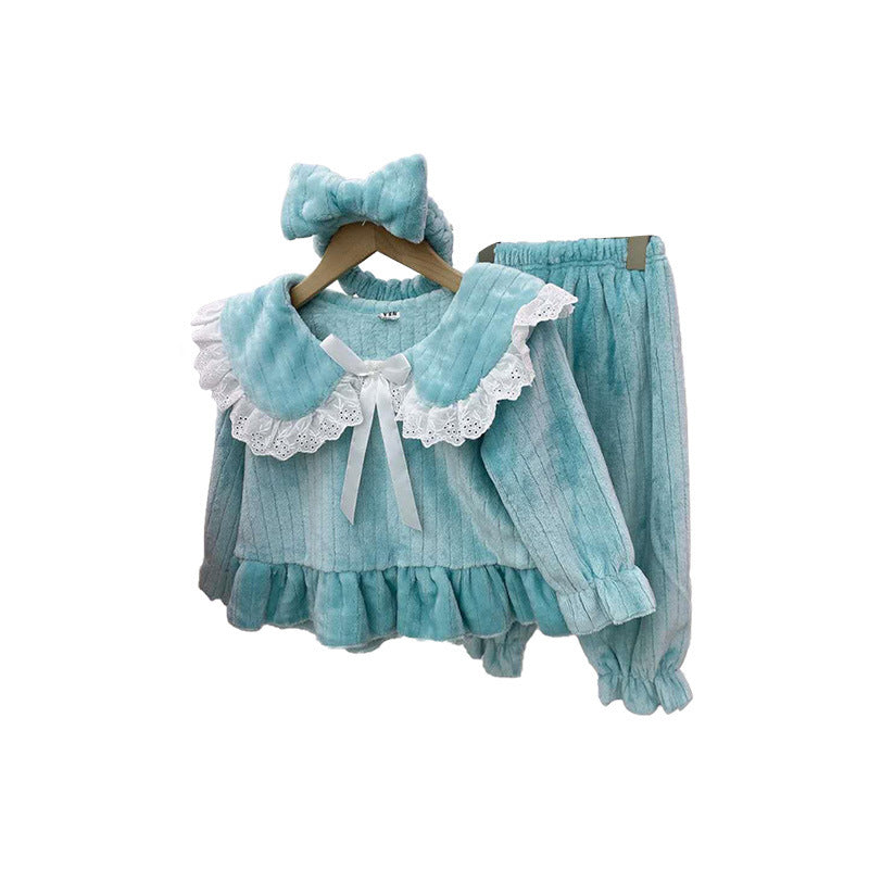 Baby Girl Solid Color Doll Neck Fleece Thickened Tops Combo Trousers Sets Pajamas Tracksuit, MyKids-USA®, Baby & Toddler Sleepwear, MyKids-USA - - - - - - -