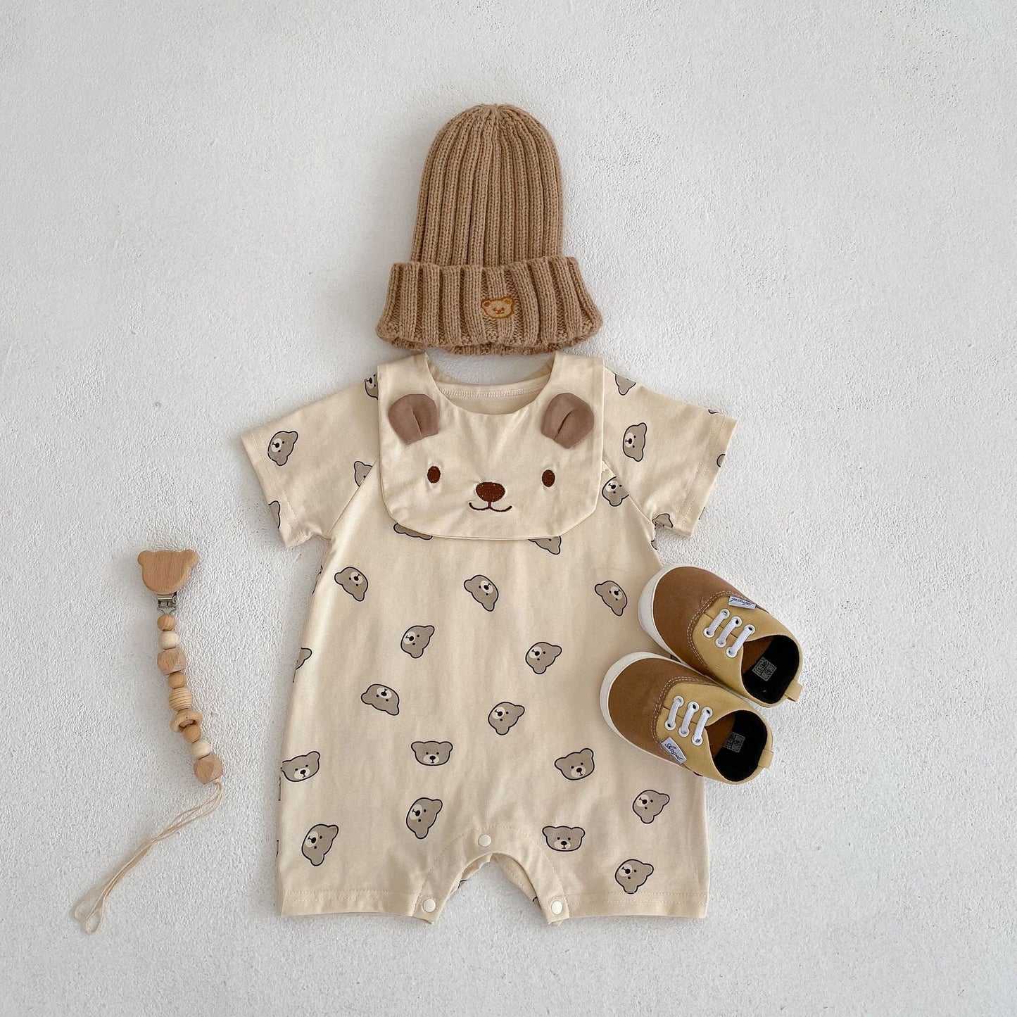 Baby Bear Pattern Removable Drooling Towel Summer Romper
