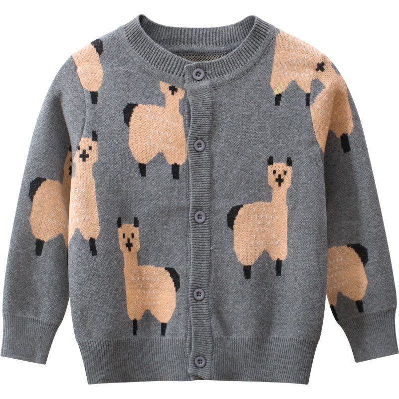 Baby Boy Cartoon Llama Embroidered Pattern Button Front Knitted Cardigan, MyKids-USA®, Baby & Toddler Outerwear, MyKids-USA - - - - - - -