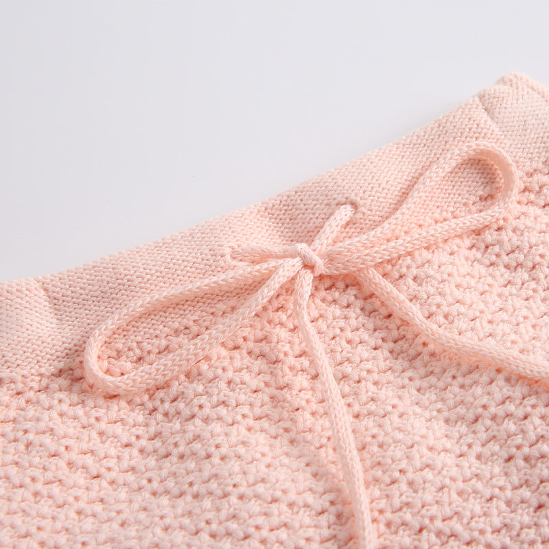 Baby Girl Ruffle Neck Solid Shirts And Belted Triangle Shorts Fall Winter Knit Sets, MyKids-USA®, Baby & Toddler Outfits, MyKids-USA - - - - - - -