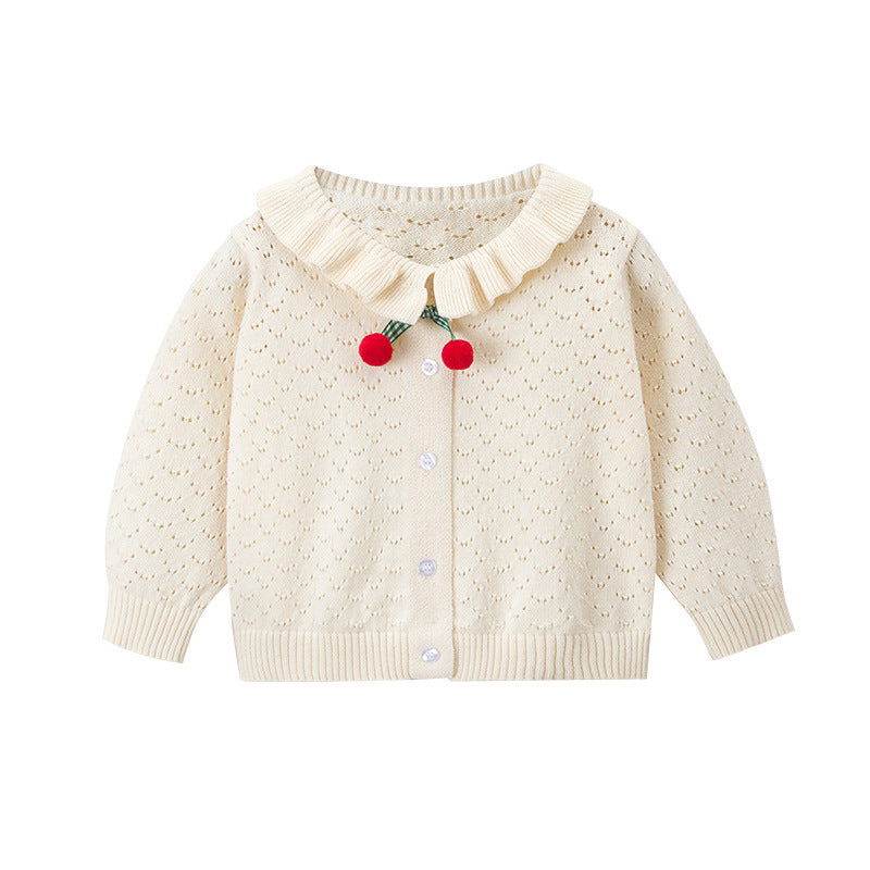 Baby Girl Solid Color Hollow Carved Design Cherry Patched Cardigan