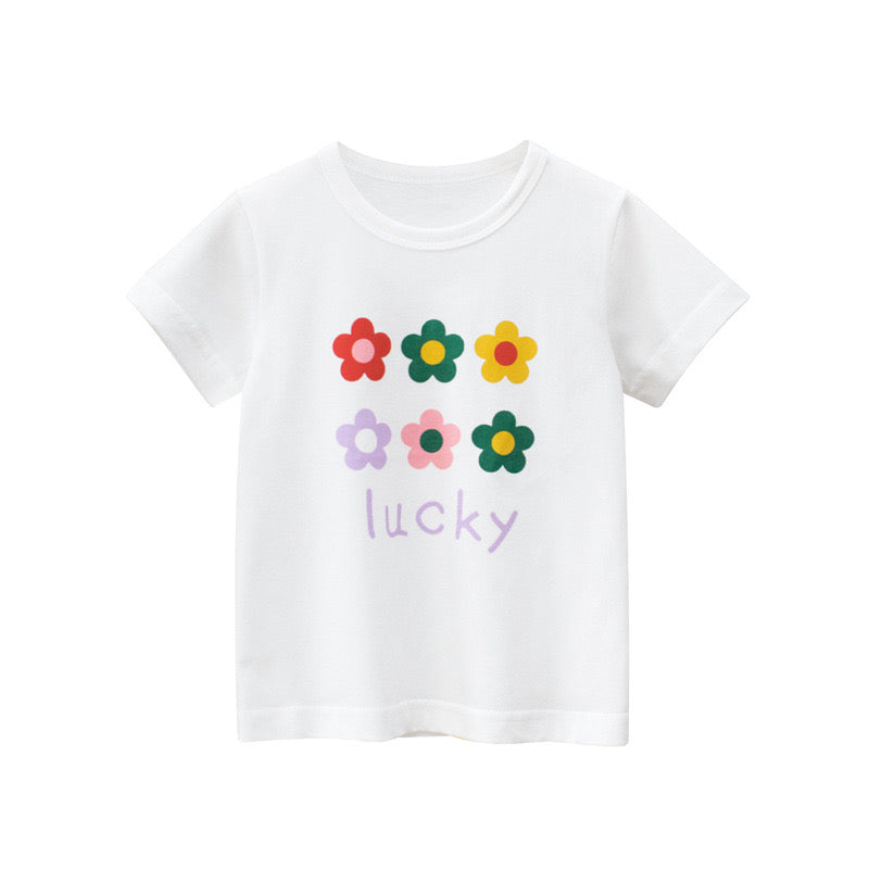 Baby Girl Floral Print Solid Color O-Neck Short Sleeved T-Shirt
