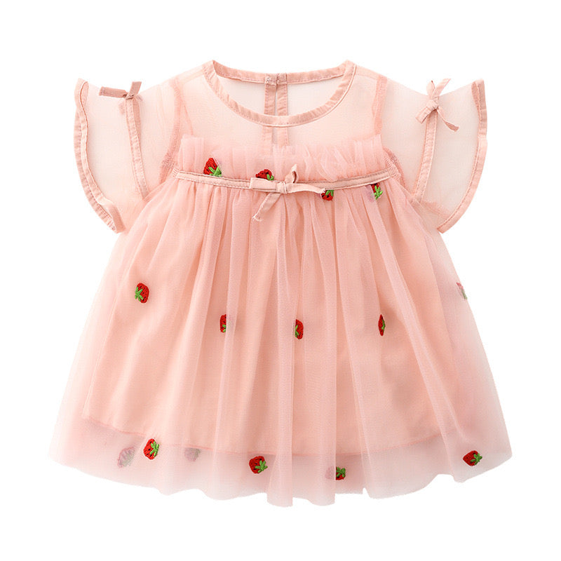 Baby Girl Strawberries Embroidered Mesh Overlay Design Bow Tie Patched Hundred Dress 73 (6-9M) / Pink Baby Girl Strawberries Embroidered Mesh Overlay Design Bow Tie Patched Hundred Dress 73 (6-9M) / Pink