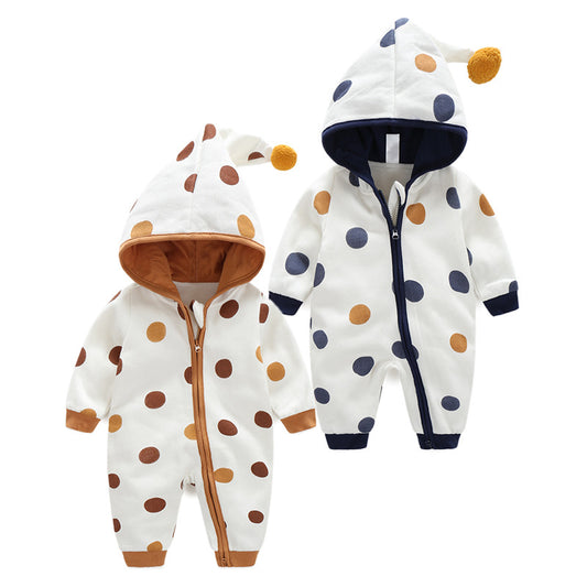 Baby Polka Dot Pattern Button Front Design Fleece Warm Rompers With Hat My Kids-USA