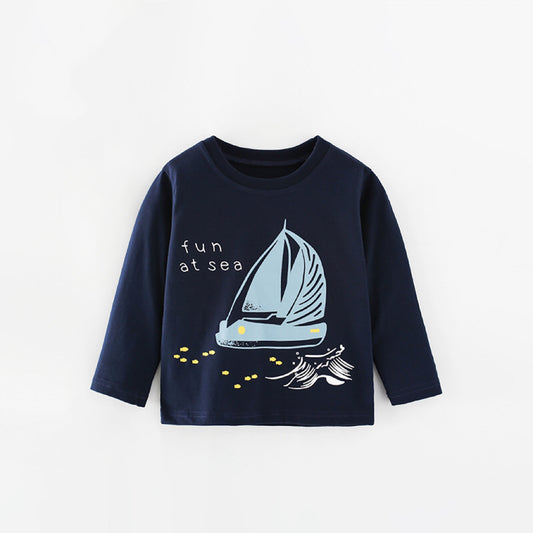 Baby Sailboat Print Pattern Loose Round Neck Shirt
