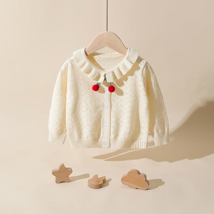 Baby Girl Solid Color Hollow Carved Design Cherry Patched Cardigan