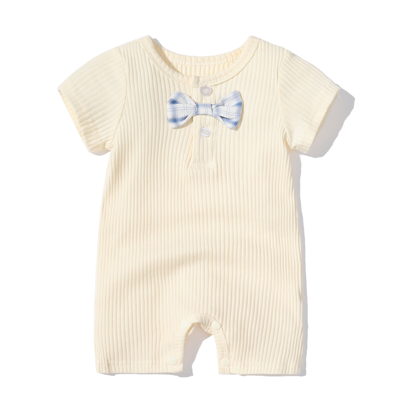 Baby Boy And Girl Solid Color Bow Tie Decoration Short Sleeve Neck-Buttoned Romper, MyKids-USA®, Baby One-Pieces, MyKids-USA - Size/Age - 59 (0-3M) - Color - White - - - JM2204141625-D.