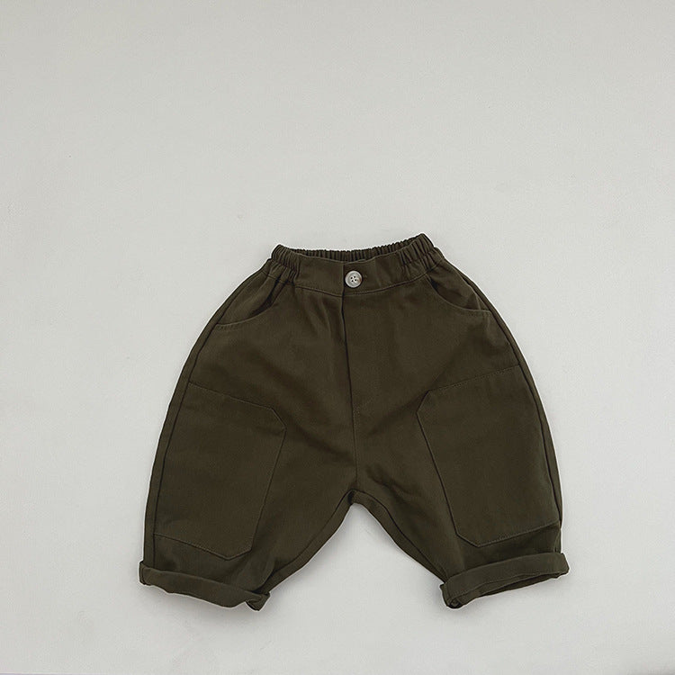 Baby Solid Color Washed Work Trousers Loose Carrot Pants
