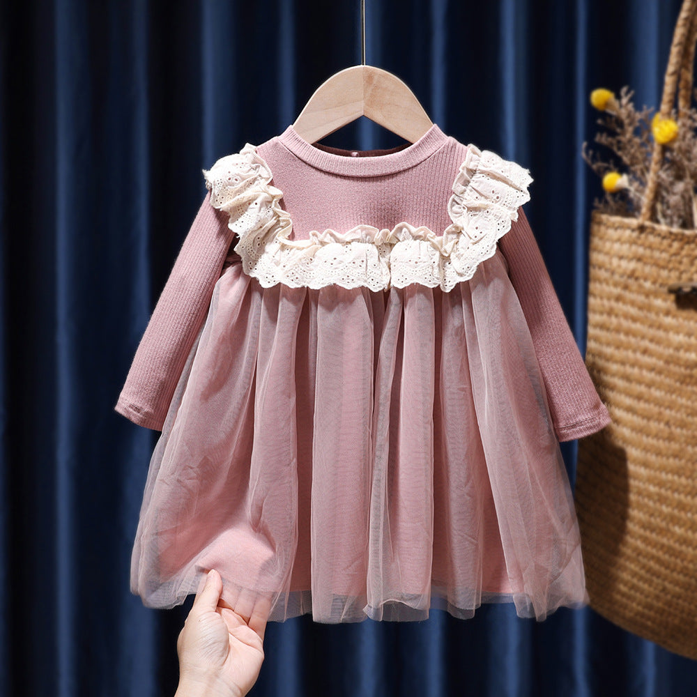 Baby Girl Solid Color Mesh Overlay Design Long Sleeves Princess Dress MyKids-USA Baby Girl Solid Color Mesh Overlay Design Long Sleeves Princess Dress MyKids-USA