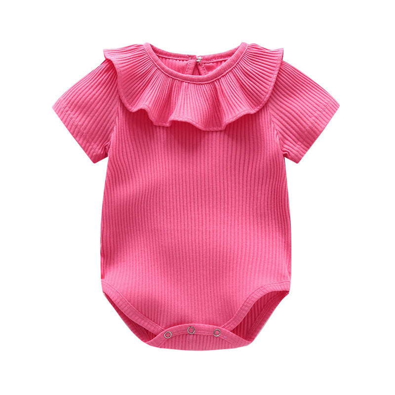 Baby Girl Solid Color Ruffle Design Short Sleeve O-Neck Onesies, MyKids-USA®, Baby One-Pieces, MyKids-USA - Size/Age - 59 (0-3M) - Color - Pink - - - JM2204141460-D