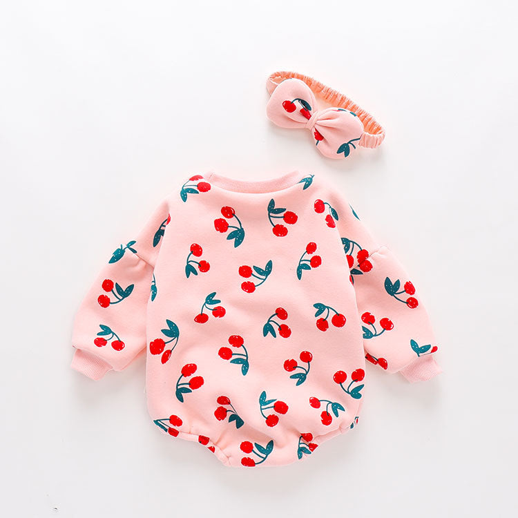 Baby Girl Allover Cherry Pattern Lantern Sleeves Triangle Bodysuit Onesies, MyKids-USA®, Baby One-Pieces, MyKids-USA - - - - - - -