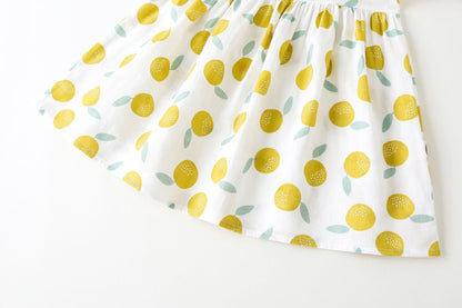 Baby Girls Fruit Print Round Collar Sling Dress With Bow Decoration In Summer