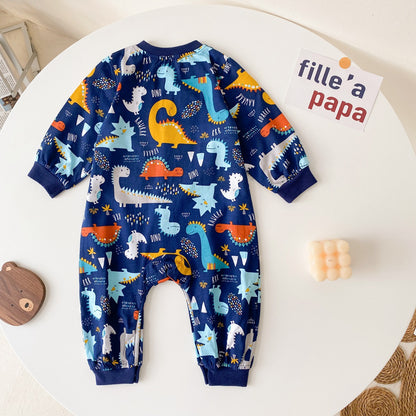 Baby Boy Cartoon Animals Graphic Snap Button Front Design Long Sleeved Romper Jumpsuit My Kids-USA