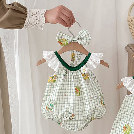 Summer Girls Plaid And Flowers Pattern Sleeveless Hollow Out Lace Strap Onesies, MyKids-USA®, Baby & Toddler Outfits, MyKids-USA -  -  -  -  -  -  - 